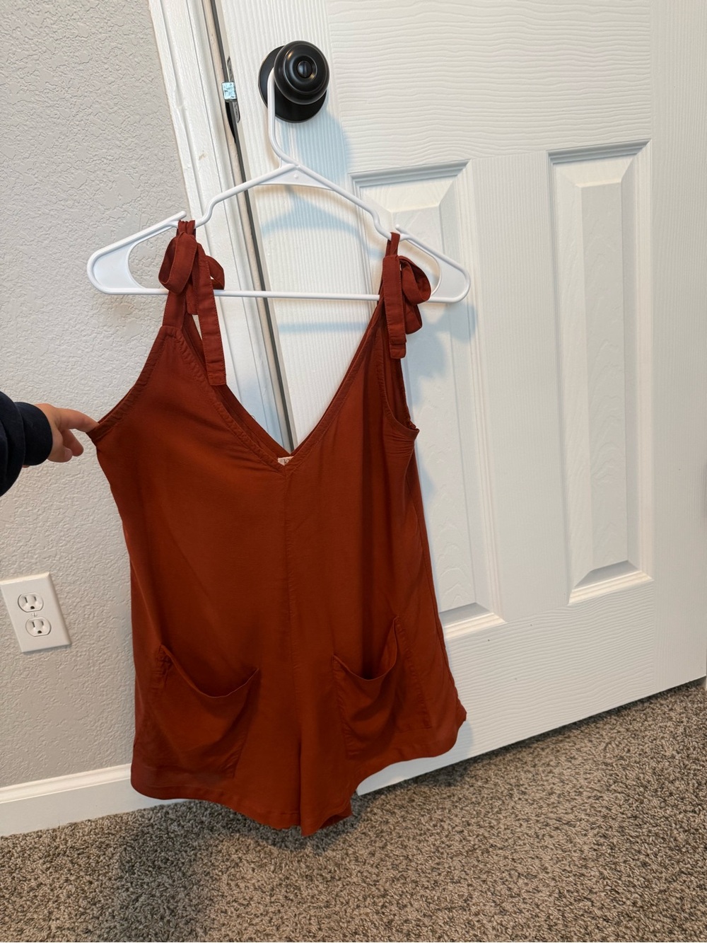 Sleeveless Tie-Shoulder V-Neck Romper in Rust — Khush Clothing Size XS